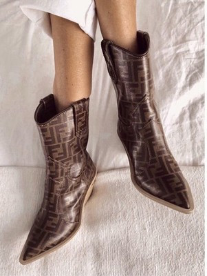 Authentic Fendi FF Zucca Monogram Leather Runway Cowboy Boots Size EU 37 US 7 | eBay US