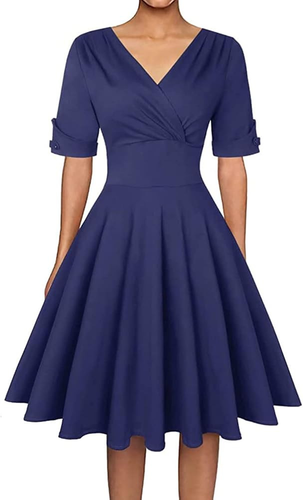 MINTLIMIT Women's 1950s Vintage Wrap V Neck Half Sleeve Retro Cocktail Swing Dress Plain A-line D... | Amazon (US)