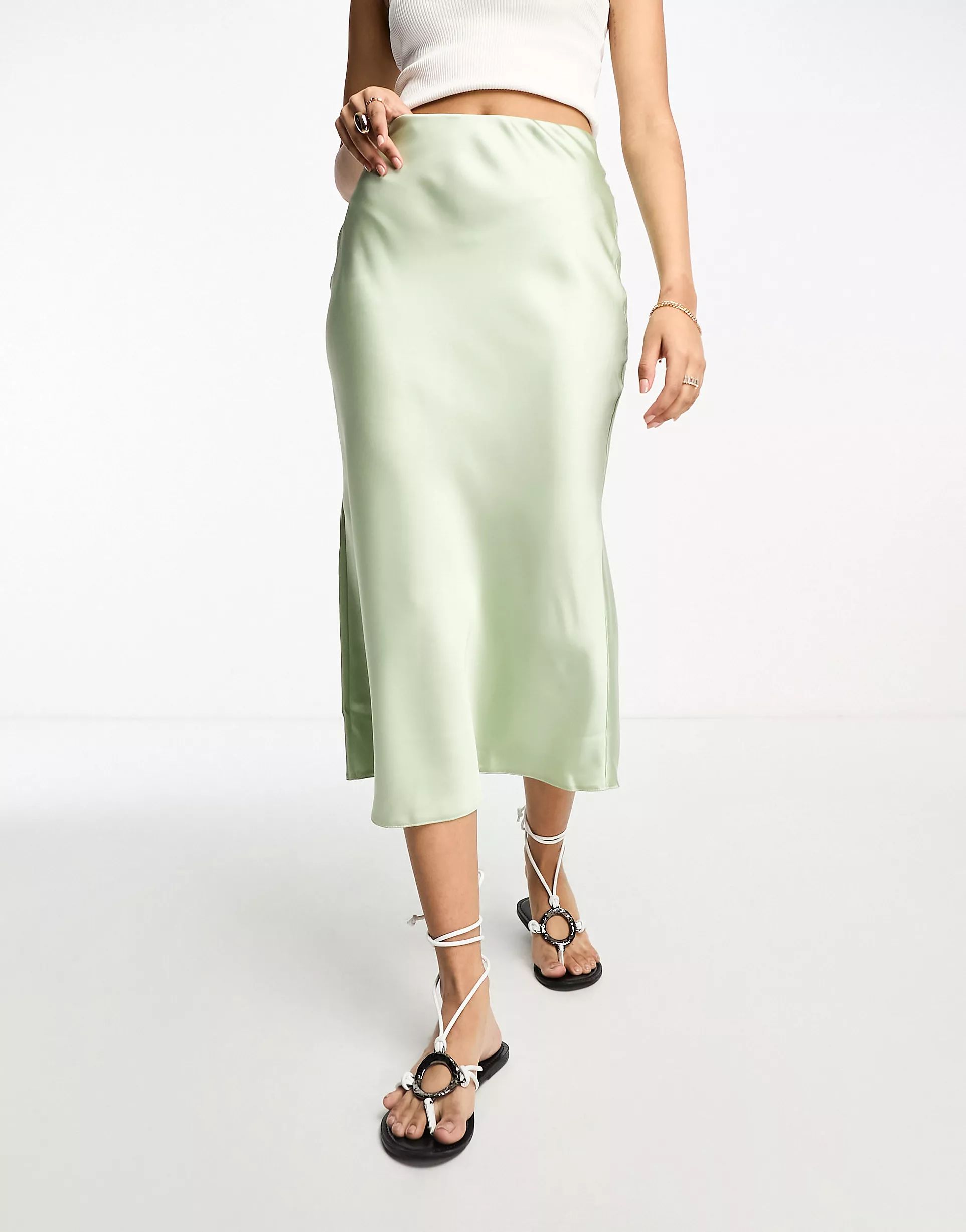 ASOS DESIGN satin bias midi skirt in sage green | ASOS (Global)