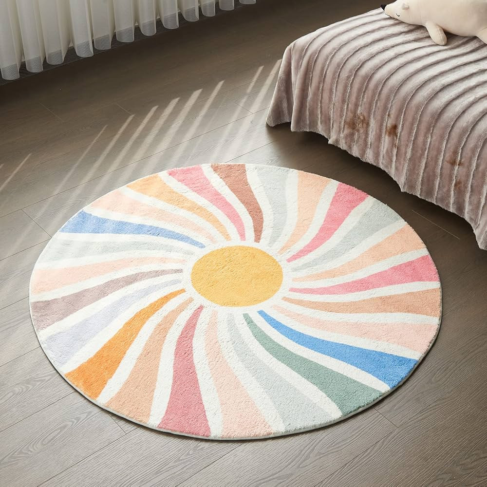Topotdor Sun Rainbow Round Rug,Colorful Boho Kids Rug Ultra Soft Washable Nursery Rug for Bedroom... | Amazon (US)
