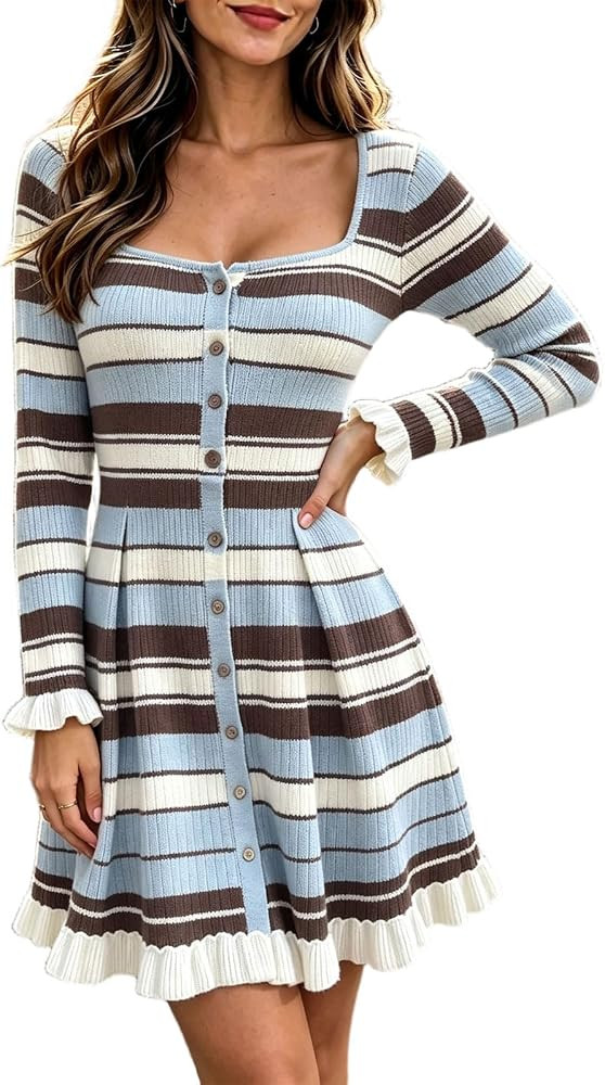 Square Neck Striped Knit Dress Women Ruffle Hem Button Down Dresses | Amazon (US)