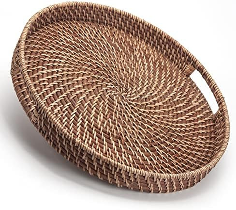 Round Rattan Woven Serving Tray with Handles Ottoman Tray for Breakfast, Drinks, Snacks for Coffe... | Amazon (US)