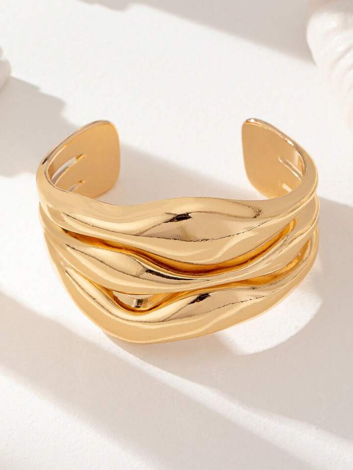 1 Pc Golden Color Metal Cuff Bangle Bracelet Women Wave Design Chunky Cuff Bangles Bracelets Jewe... | SHEIN