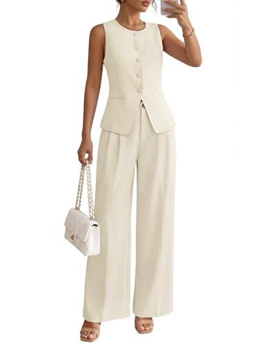 Amazon.com: ZESICA Women's Summer 2 Piece Suit Sets 2026 Sleeveless Blazer Vest Wide Leg Pants Bu... | Amazon (US)
