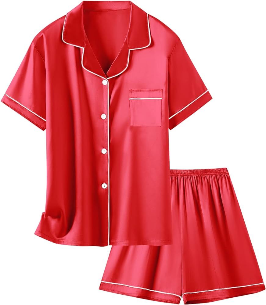 Schbbbta Girls & Women Satin Pajamas Set, 2Pj Silk Nightwear Button-Down Sleepwear for Teen Kid, ... | Amazon (US)