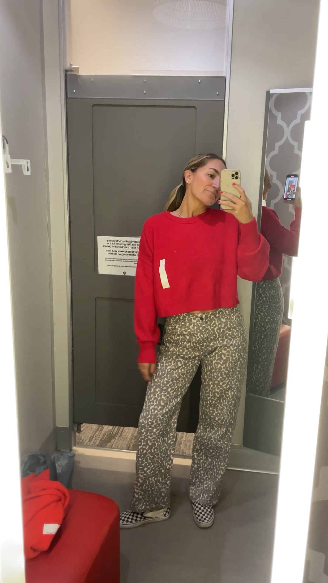 size down one in the pants 

leopard pants, red and leopard, pattern mixing 