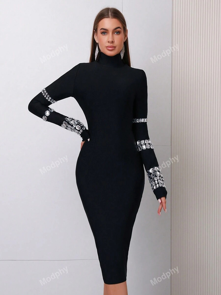 Modphy Black Heavy Duty Diamond Studs Long Sleeve Turtleneck Bandage Bodycon Dress For Women's Fa... | SHEIN