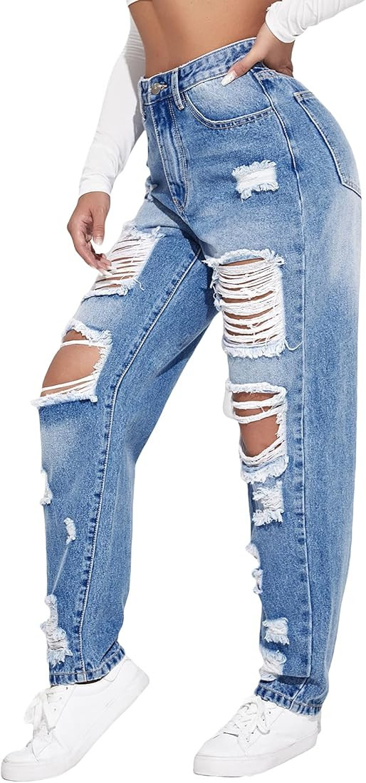 WDIRARA Women's Ripped Distressed Detail High Waist Straight Leg Denim Jeans Pants | Amazon (US)