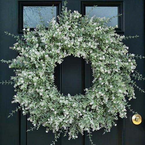 26'' Large Eucalyptus Wreath for Front Door, Porch- Artificial Eucalyptus and Lavender with Babys Breath Flowers Wreath for Home, Farmhouse Wall Decor- Spring, Summer, Fall, All Seasons (White-Green) | Amazon (US)