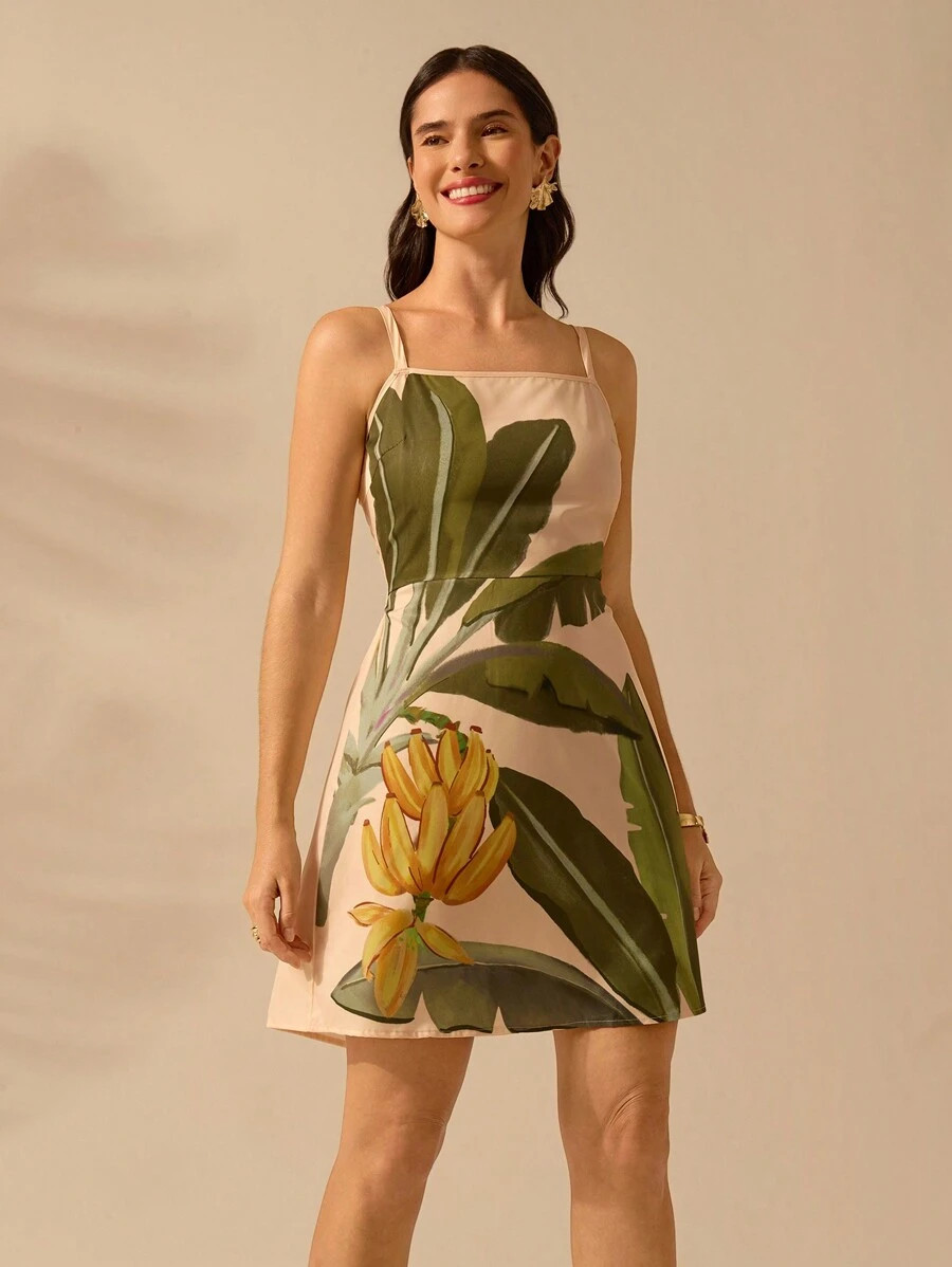 CAJUNI Women's Vacation Casual Summer Boho Tropical Banana Tree Plant, Pink Halters Short Dress | SHEIN