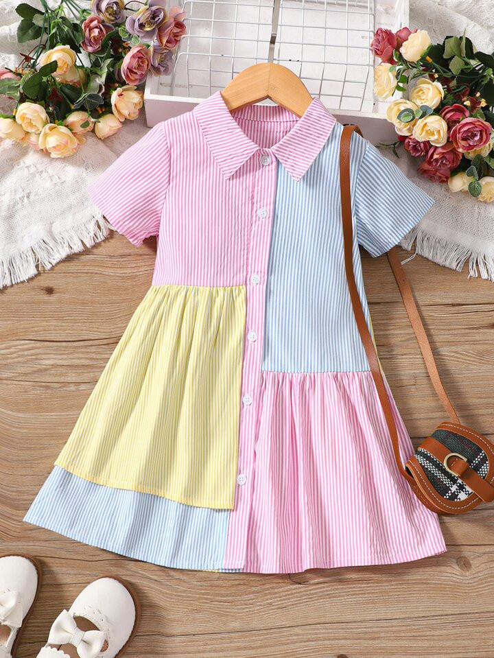 SHEIN Young Girl Multicolor Striped Color Block Elegant Collared Short Sleeve A-line Dress For Su... | SHEIN