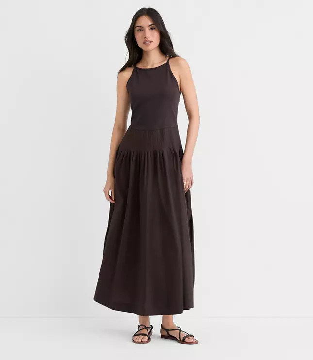 Tall Pleated Mixed Media Midi Halter Dress | LOFT
