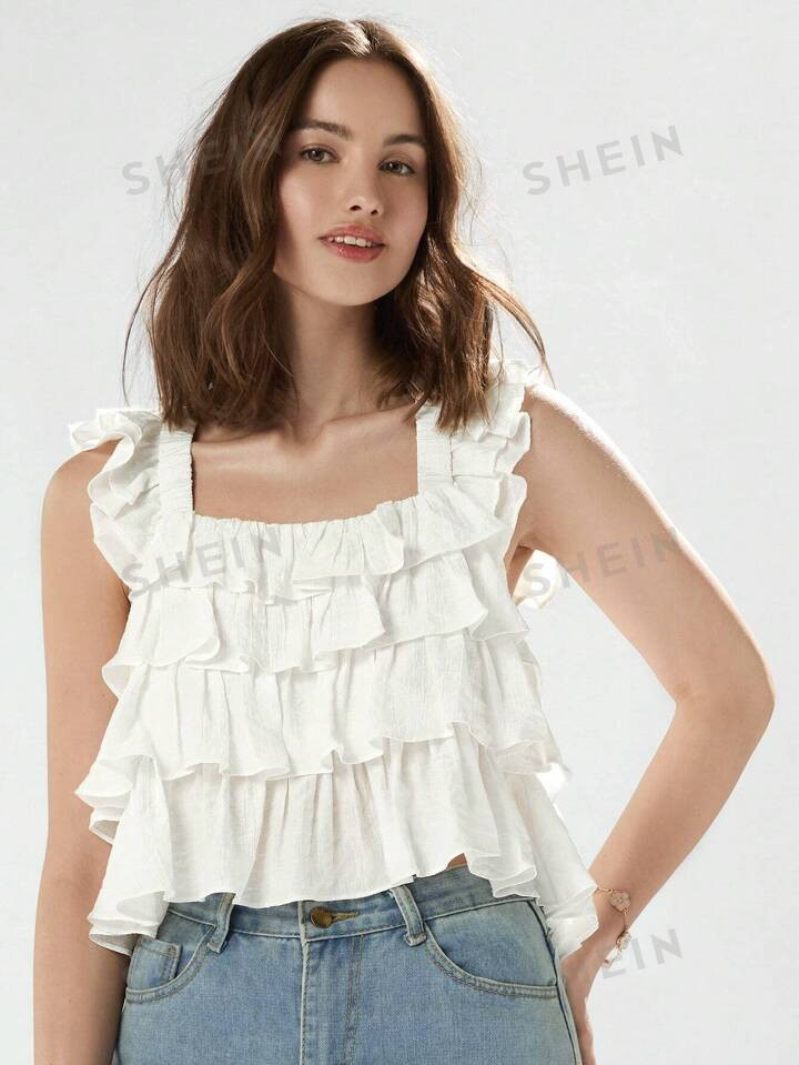 Enchnt Ladies Solid Color Tiered Layer Sleeveless Summer Blouse | SHEIN USA | SHEIN