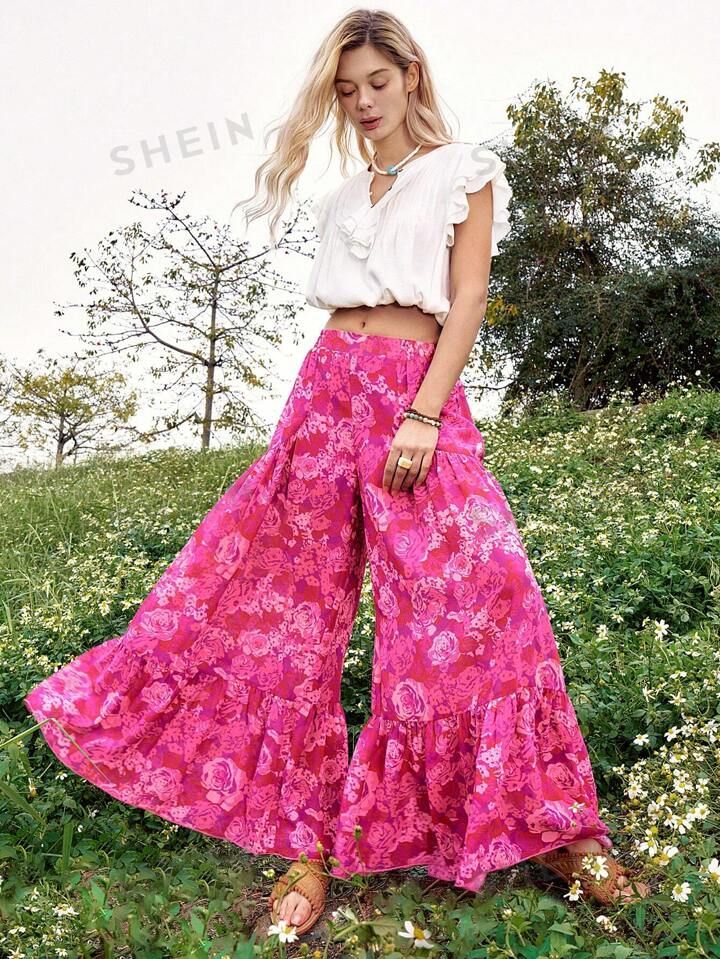 SHEIN BohoFeels Boho Floral Print Wide Leg Casual Pants For Spring And Summer | SHEIN