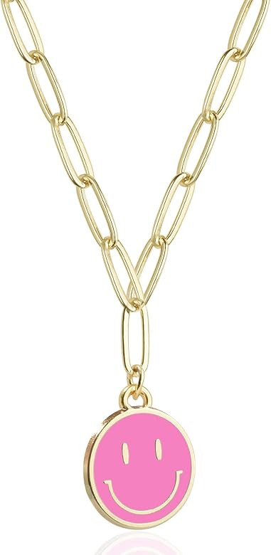 Colorful Smiley Face Necklace 14K Gold Plated Paperclip Necklace Preppy Jewelry Y2K Trendy Neckla... | Amazon (US)