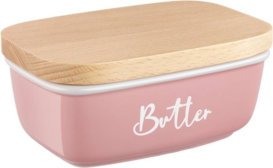 ALELION Pink Butter Dish with Lid for Countertop - Ceramic Farmhouse Butter Keeper Container with... | Amazon (US)