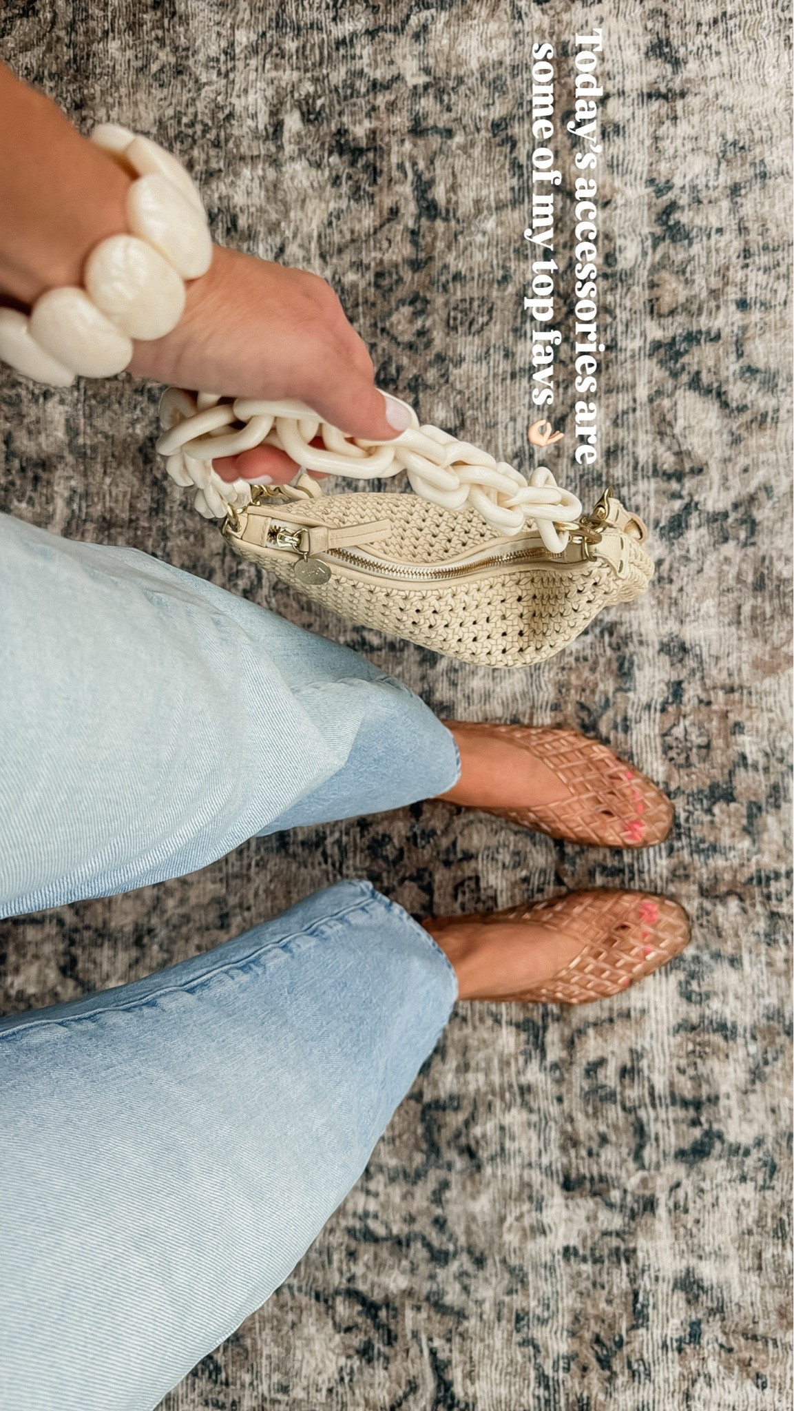Jelly flats tts. Incredibly comfortable. 
Rattan crossbody bag. I bought the chain strap separate but it’s such a fun addition.

#LTKootd #LTKSeasonal