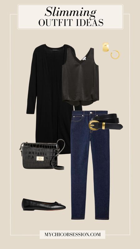 Monochromatic looks are ideal for a slimmed appearance. For this elevated take on a denim outfit, try dark wash skinny jeans, a v-neck silk too, a long cardigan, a leather belt, a croc-embossed handbag, and classic ballet flats.

#LTKStyleTip #LTKSeasonal