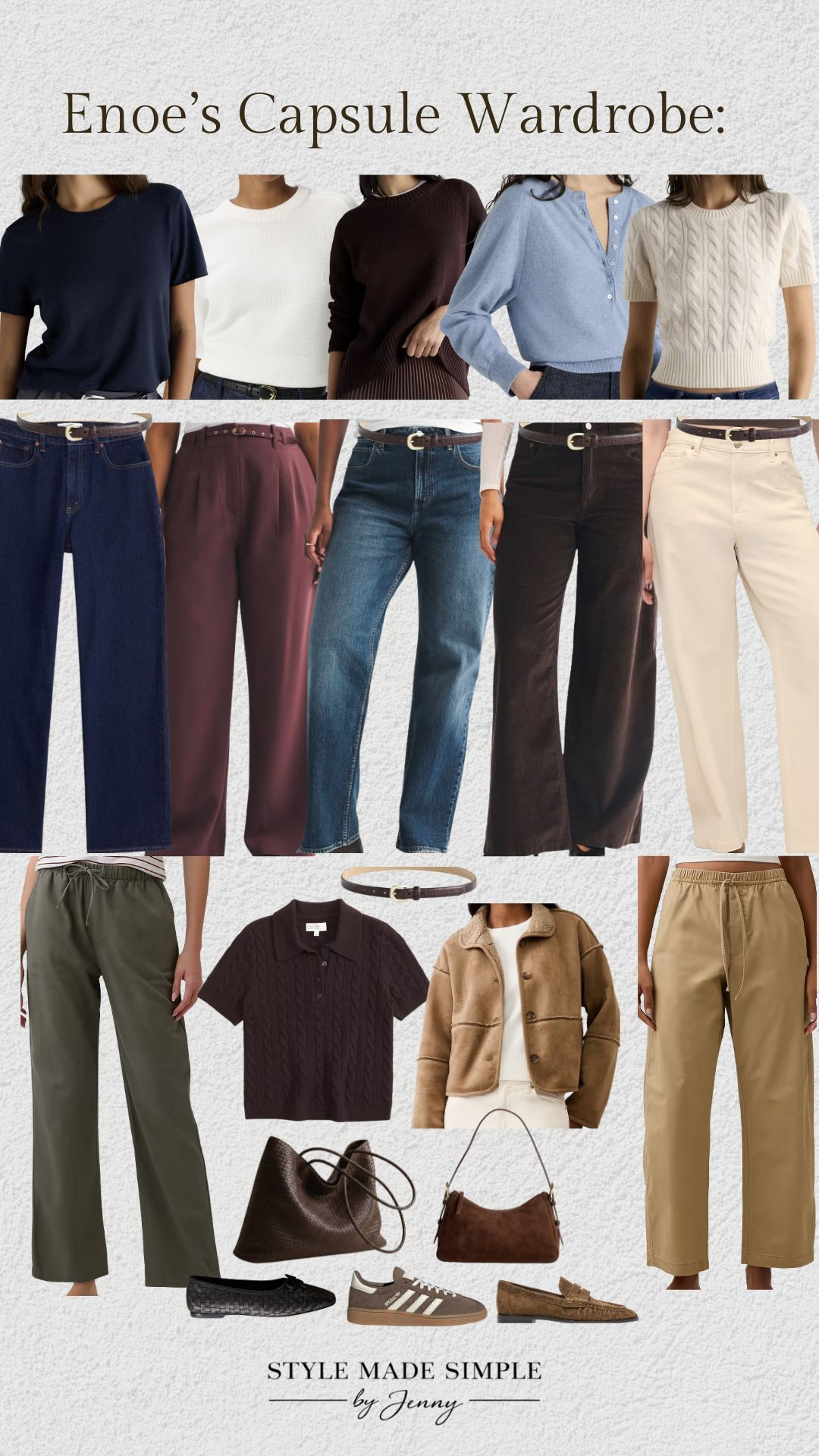A custom fall capsule wardrobe styled for a busy high school teacher who wants to feel polished at work and effortlessly put together outside the classroom.

I selected 20 versatile pieces featuring flattering wide-leg denim, comfortable trousers, elevated knitwear, rich chocolate browns, burgundy, navy, and timeless neutrals. Every piece was chosen with her petite frame, personal style, budget, and busy lifestyle in mind.

From teaching to dinner dates, book club, and weekend errands, this capsule makes getting dressed easier without sacrificing personal style.

Book your own custom capsule here: https://stylemadesimplebyjenny.com/

Fall capsule wardrobe 2026, petite capsule wardrobe, teacher outfits, fall teacher outfits, business casual outfits, petite workwear, wide leg jeans, curve friendly denim, burgundy trousers, chocolate brown jeans, cream trousers, olive green pants, khaki pants, navy basic tee, white knit sweater, chocolate brown sweater, blue cardigan sweater, cream cable knit top, brown knit polo, suede jacket, fall layering outfits, brown suede handbag, woven ballet flats, suede loafers, Adidas sneakers, elevated casual outfits, mix and match fall outfits, everyday fall fashion, personal stylist, custom capsule wardrobe

#CapsuleWardrobe #FallFashion2026 #TeacherOutfits #PetiteFashion #FallOutfits #WorkwearStyle #BusinessCasual #EverydayStyle #PersonalStylist #LTKStyle 

 