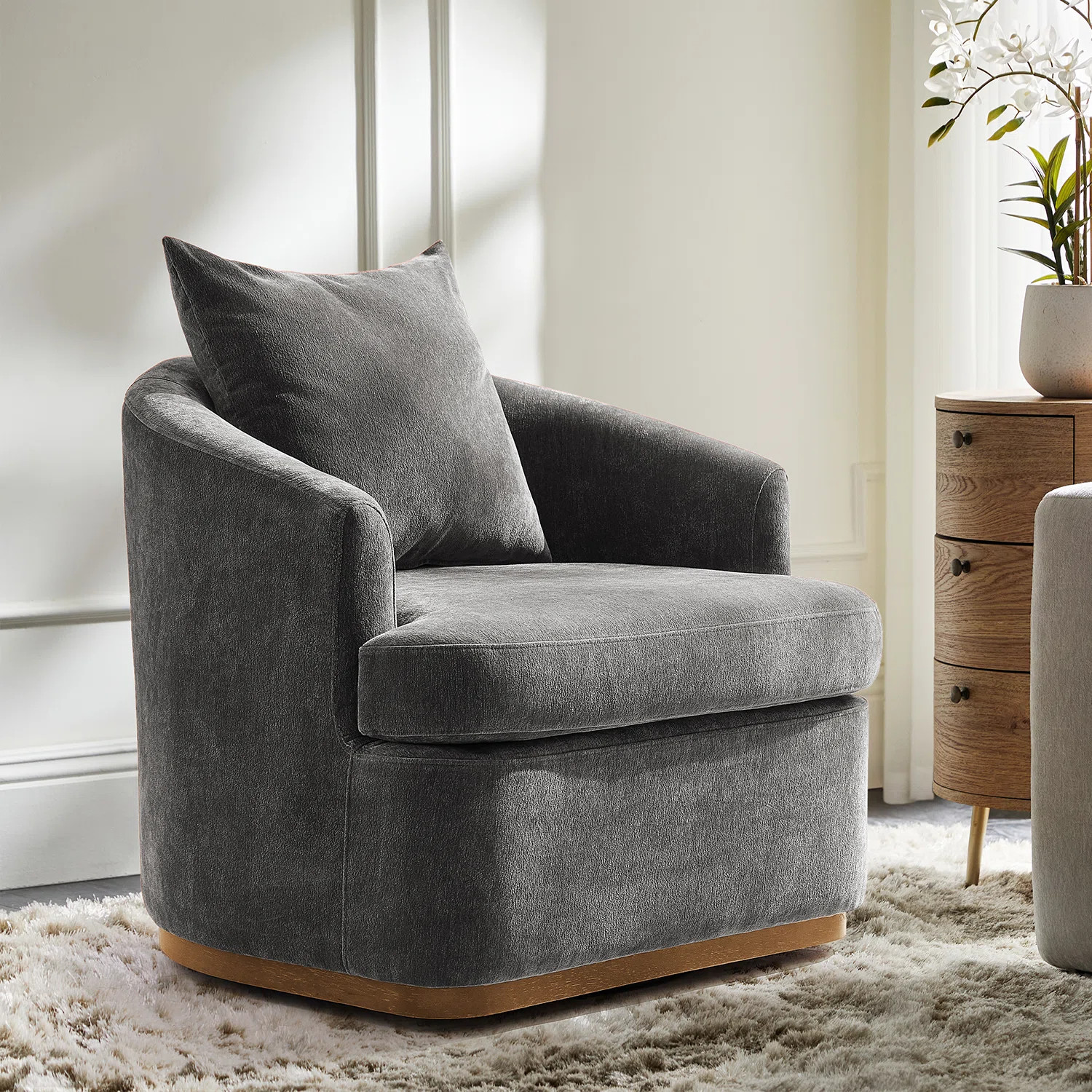 Berklie 31"W Modern Chenille Swivel Armchair with Ergonomic Backrest and Solid Wood Legs | Wayfair North America