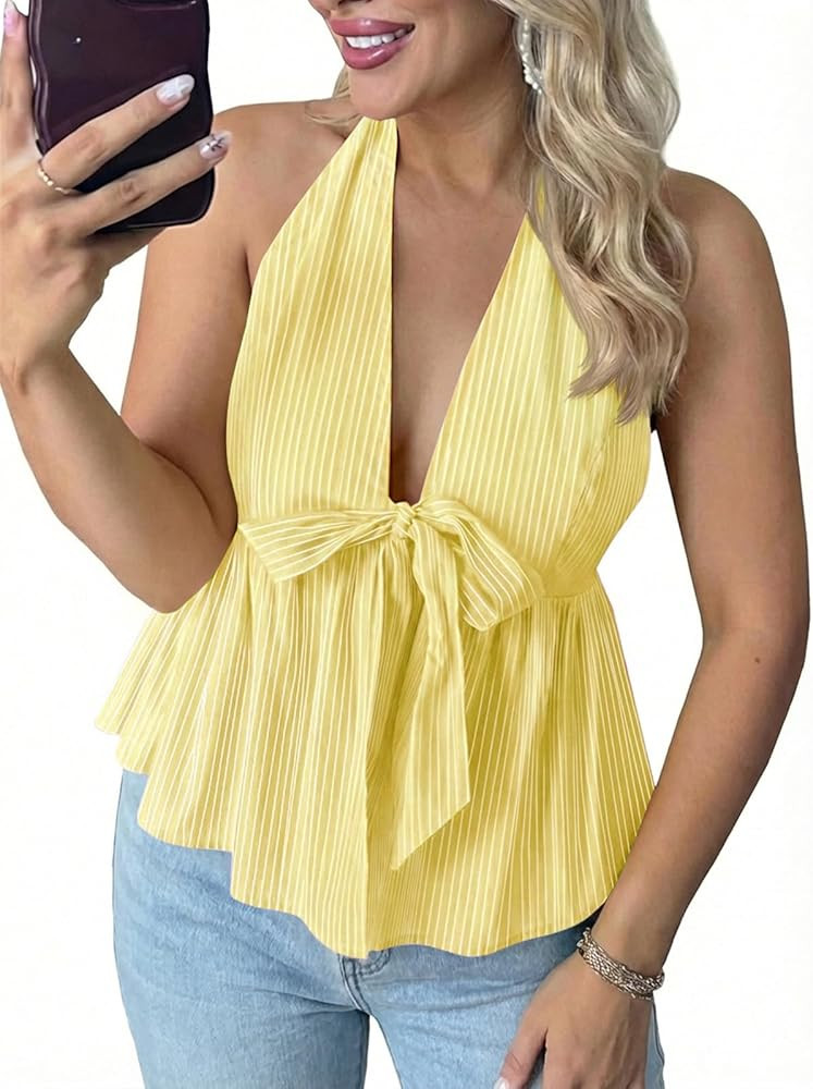 Tankaneo Womens Striped V Neck Halter Tops Babydoll Summer Bow Tie Front Backless Shirts Peplum Y2k Going Out Tank Tops | Amazon (US)