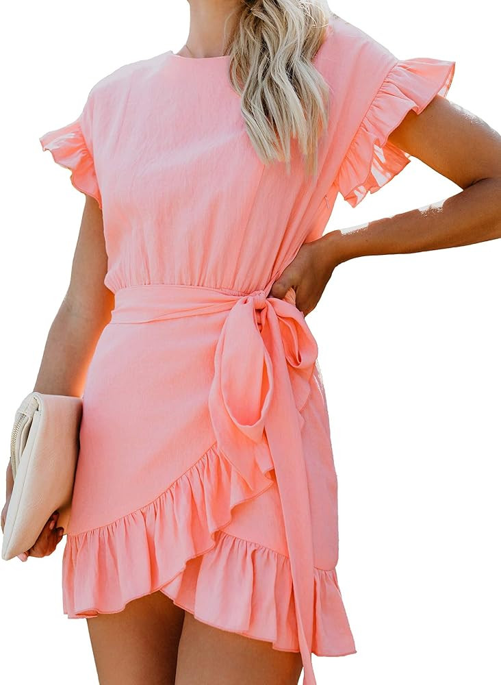 Women's Dress Solid Fishtail Short Sleeve Wrap Ruffle Hem Mini Short Dresses | Amazon (US)