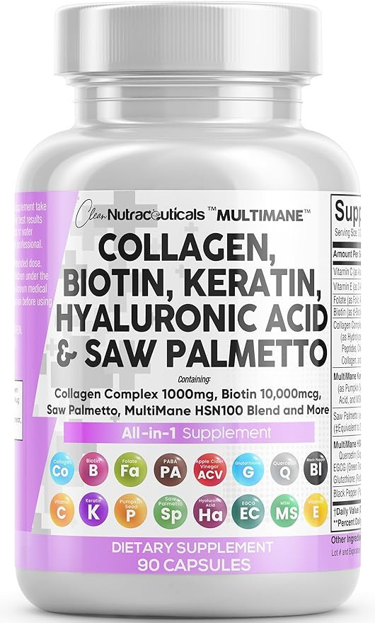 Clean Nutraceuticals Collagen Pills 1000mg Biotin 10000mcg Keratin Saw Palmetto Hyaluronic Acid -... | Amazon (US)
