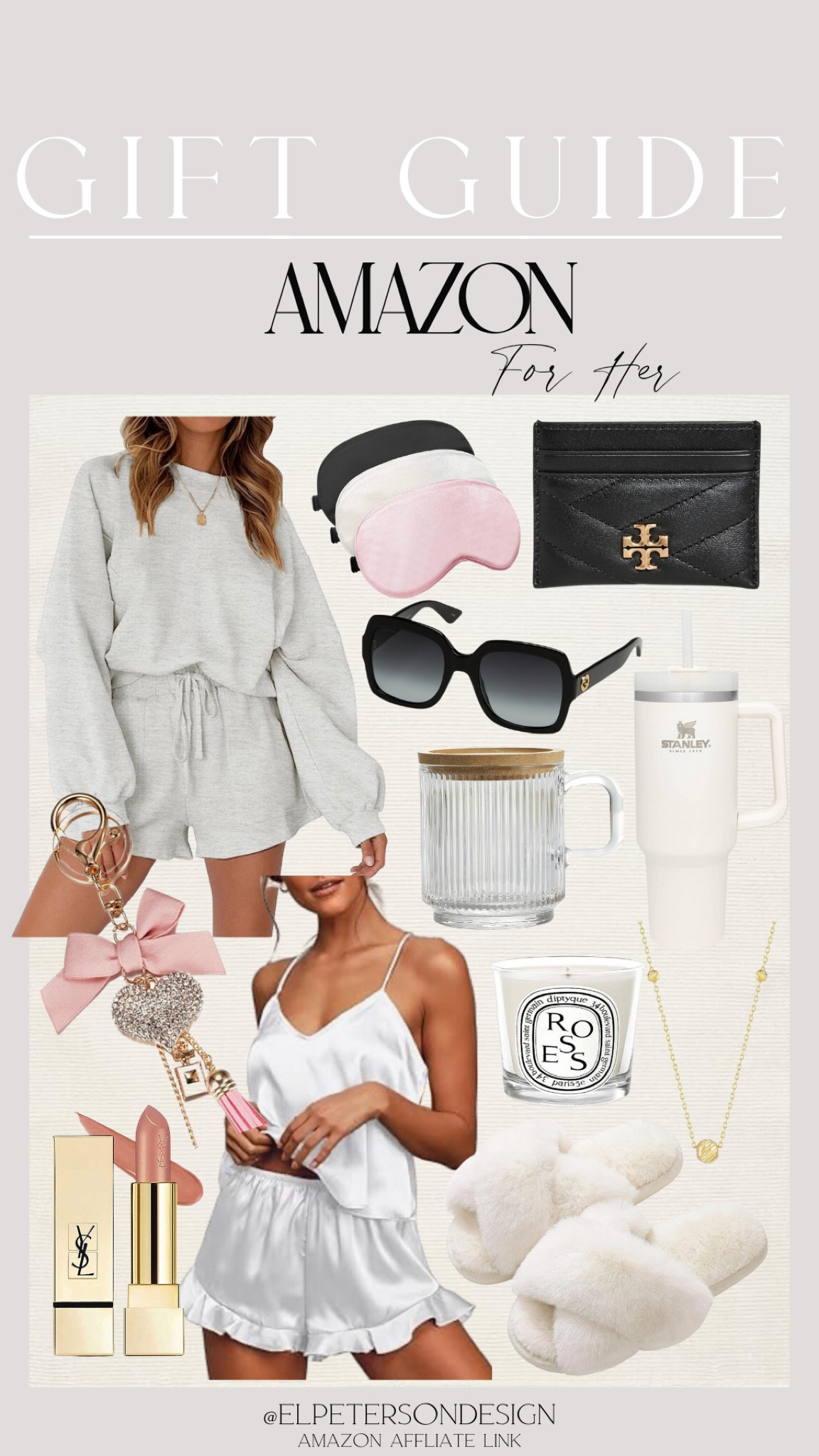 Sunglasses
Wallet
Eyecover
Lipstick 
Candle
Keychain
Necklace
Stanley cup
Fluted mug
Slippers
Cami sleepwear
Shits loungewears

#LTKGiftGuide