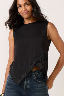 EVEREVE Women's Evelyn Fringe Trim Satin Top, Size Small, Black | Evereve
