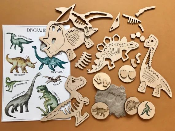 Dinosaur toy Montessori wooden puzzle Playdough kit | Etsy (US)