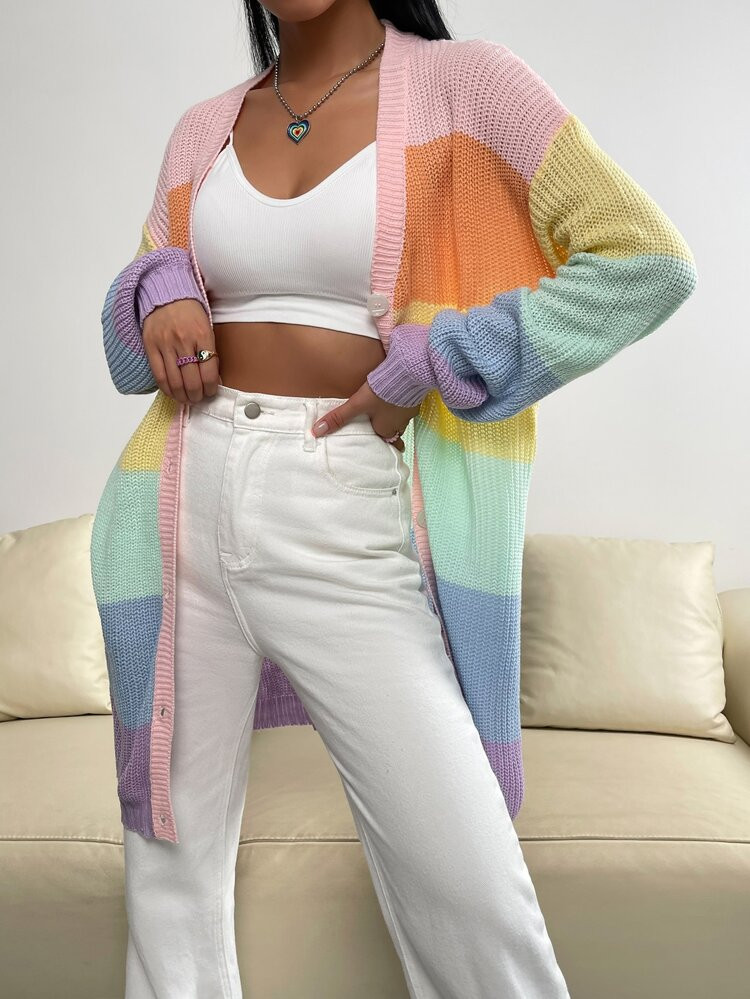 Colorblock Button Front Drop Shoulder Cardigan | SHEIN