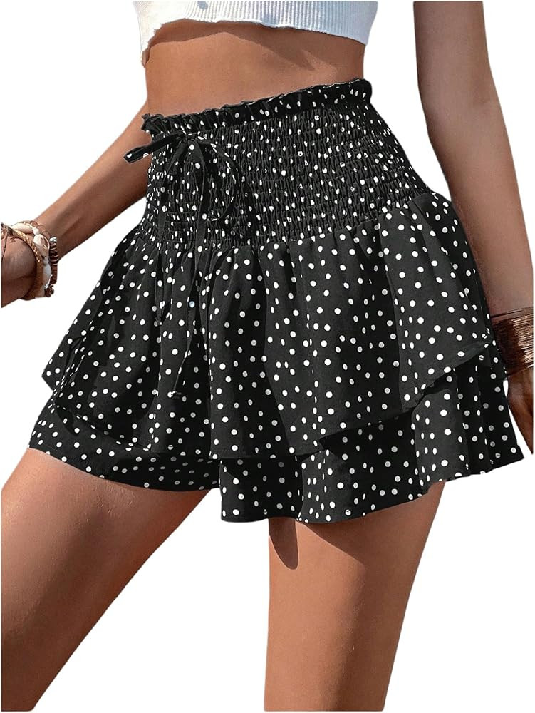 WDIRARA Women's Polka Dots Layered Ruffle Skorts Smocked Elastic Waist A Line Mini Skirt Shorts | Amazon (US)