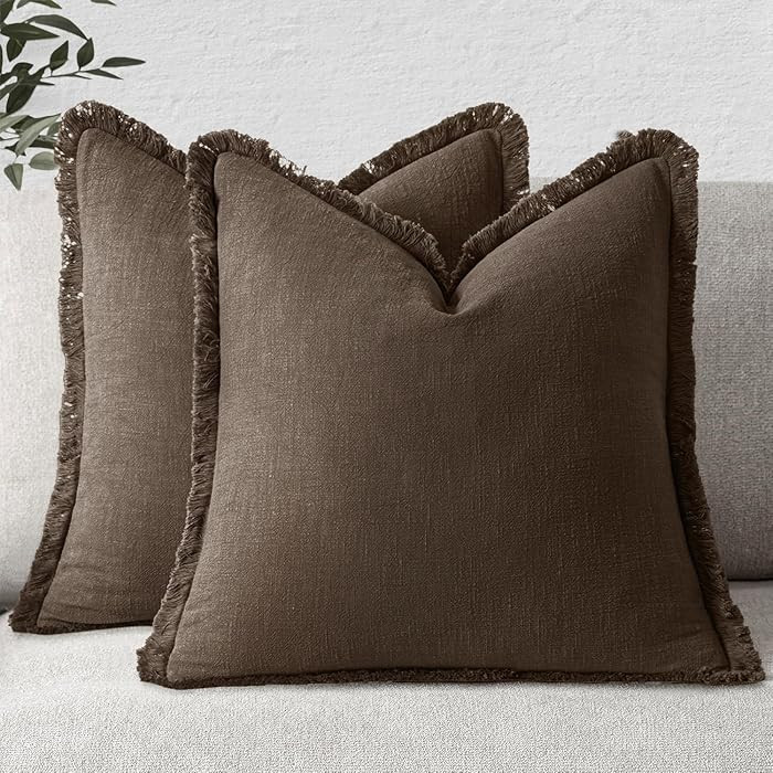 MIULEE Decorative Throw Pillow Covers Neutral Linen Fringe Throw Pillows Set of 2 Chocolate Brown... | Amazon (US)