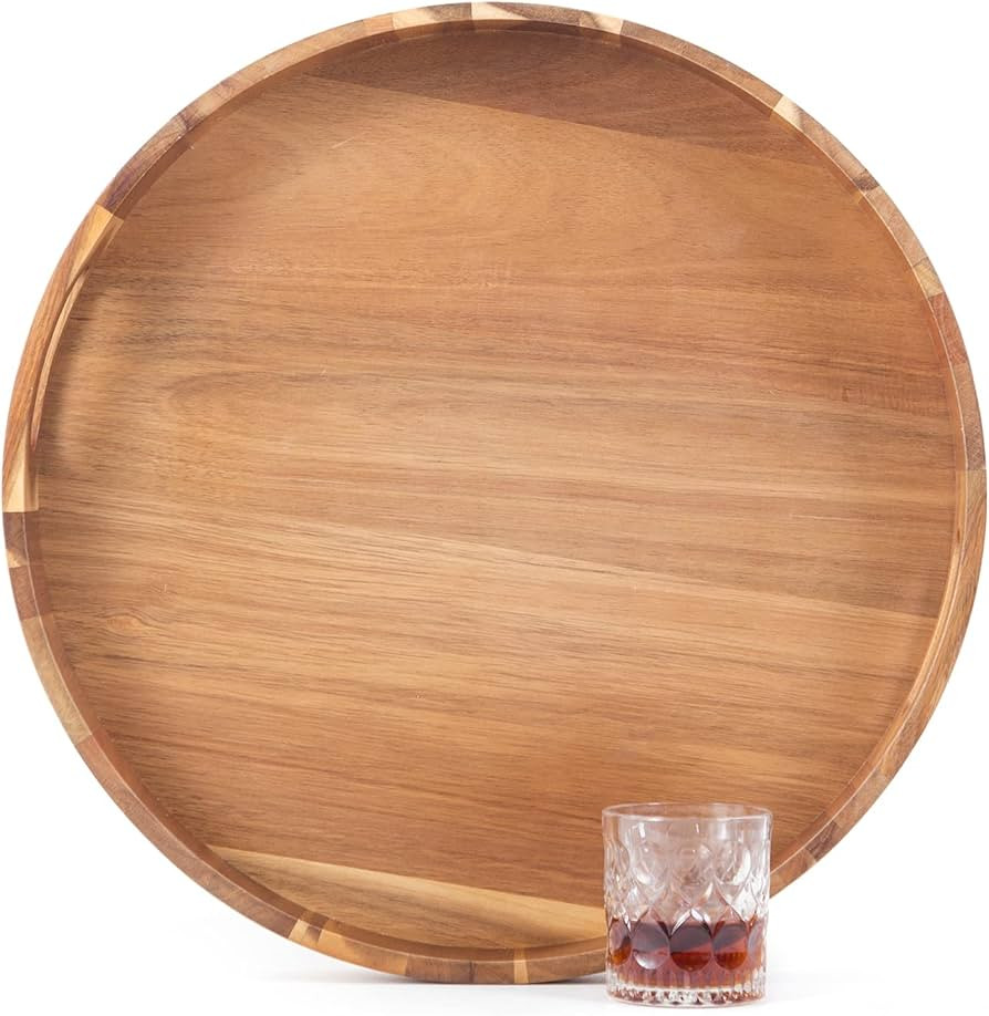 Round Wooden Serving Tray with Handles,20" Large Diameter Wood Serving Trays for Ottoman,Rustic A... | Amazon (US)