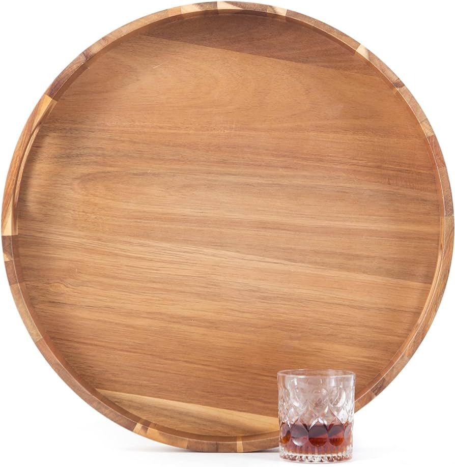 Round Wooden Serving Tray with Handles,20" Large Diameter Wood Serving Trays for Ottoman,Rustic A... | Amazon (US)