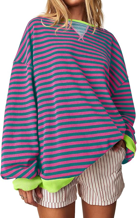Fisoew Womens Striped Oversized Sweatshirt Color Block Crew Neck Long Sleeve Shirt Casual Loose P... | Amazon (US)