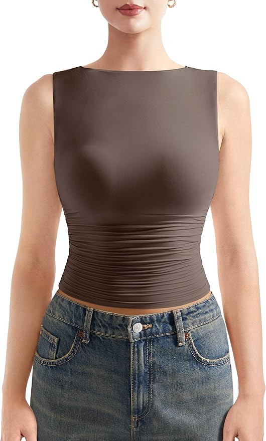 SUUKSESS Women Double Lined Going Out Basic Tank Tops Ruched Summer T Shirts | Amazon (US)