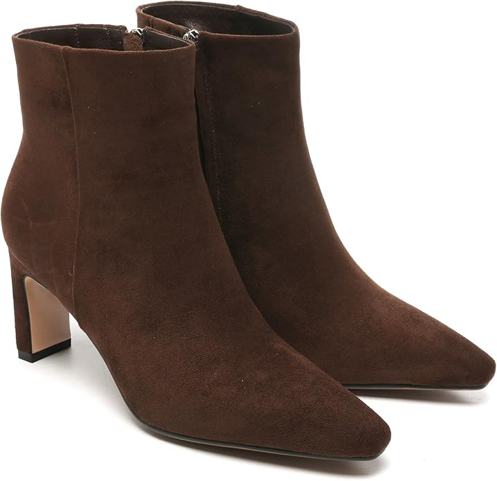 Brown Suede Ankle Boots for Women Pointed Toe Chunky High Heeled Booties Fall Dressy Short Boots ... | Amazon (US)