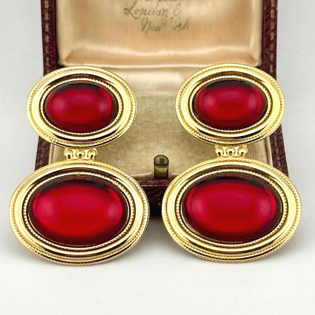 Vintage Red Lucite Cabochon Earrings, 1980s Old-Money Oversized Gold Statement Studs, YSL Style R... | Etsy (US)