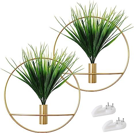 SAJANDAS Set of 2 Artificial Plants with Gold Metal Round Hanging Hoop for Wall Decor, Wall-Mount... | Amazon (US)