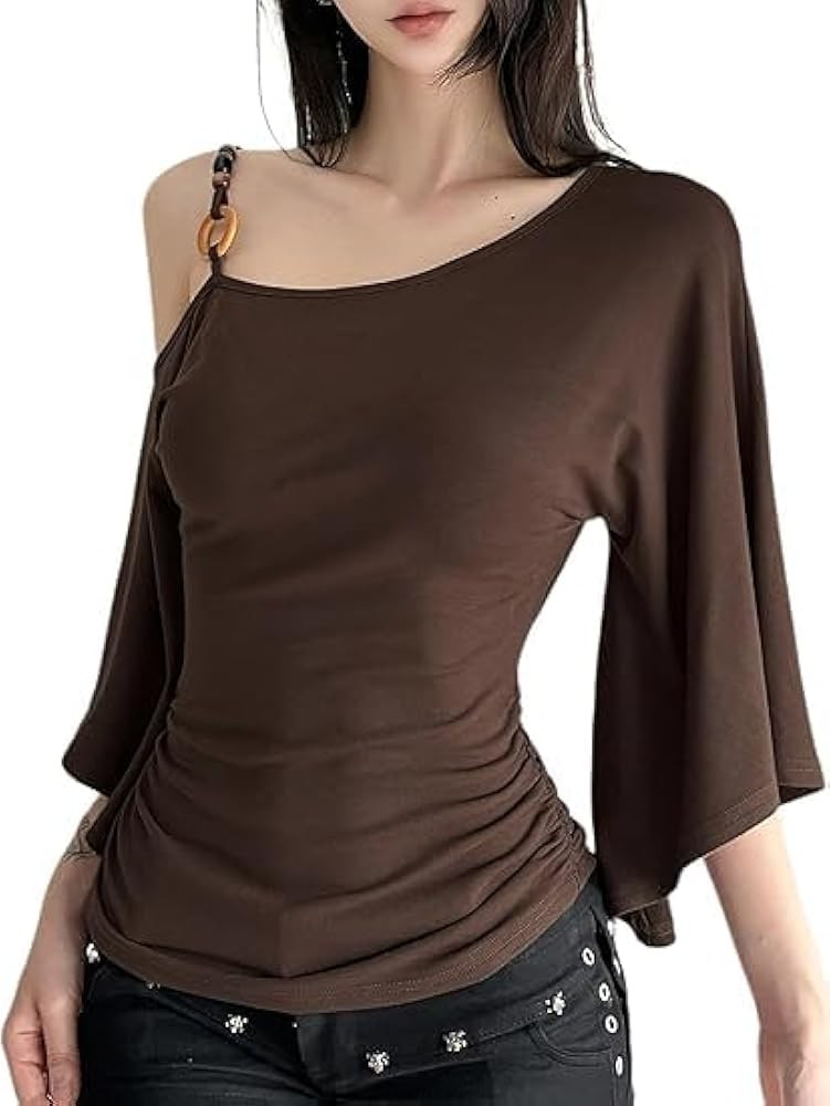 Chvity Women One Shoulder Halter Top 3/4 Bell Sleeve Off The Shoulder Tops Solid Slim Fit Spring ... | Amazon (US)