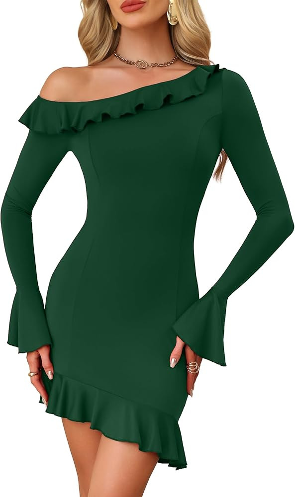 BDUCK+ Women’s One Shoulder Bodycon Mini Dress Flare Long Sleeve Ruffle Asymmetrical Evening Pa... | Amazon (US)