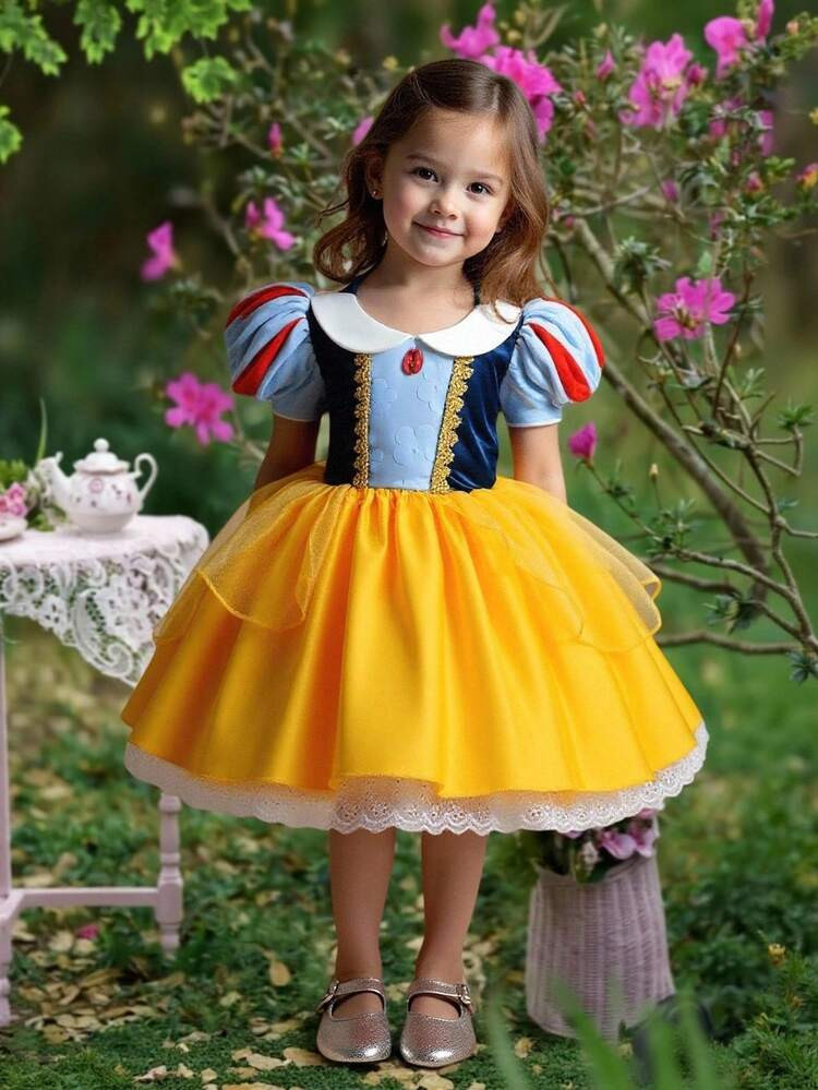 SHEIN Glamorique Kids Vestido elegante de fiesta para niña con mangas abullonadas de malla y blo... | SHEIN