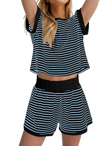 Burtell Women Summer 2 Piece Lounge Sets Striped Short Sleeve Tee Shirts Mini Shorts Loungewear Shorts Set Ribbed Pajama Set | Amazon (US)