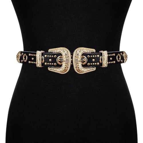 Barry.Wang Women Double Western Belt Vintage Leather Black Belt Gold Buckle | Amazon (US)
