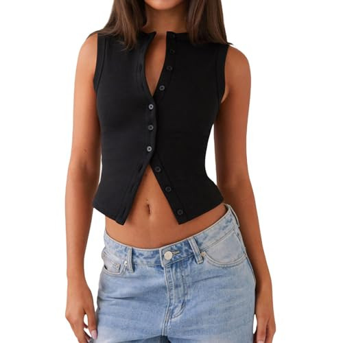 Women Sleeveless Cardigan Vest Crewneck Open Front Button Down Crop Tank Tops Casual Y2k Slim Fit Top Shirt(Black,S) | Amazon (US)