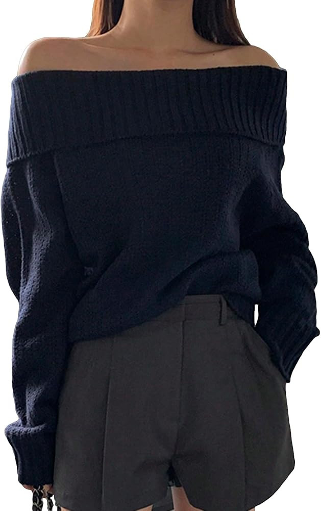 GORGLITTER Women's Off The Shoulder Sweater Long Sleeve Ribbed Knit Loose Pullover Sweater | Amazon (US)