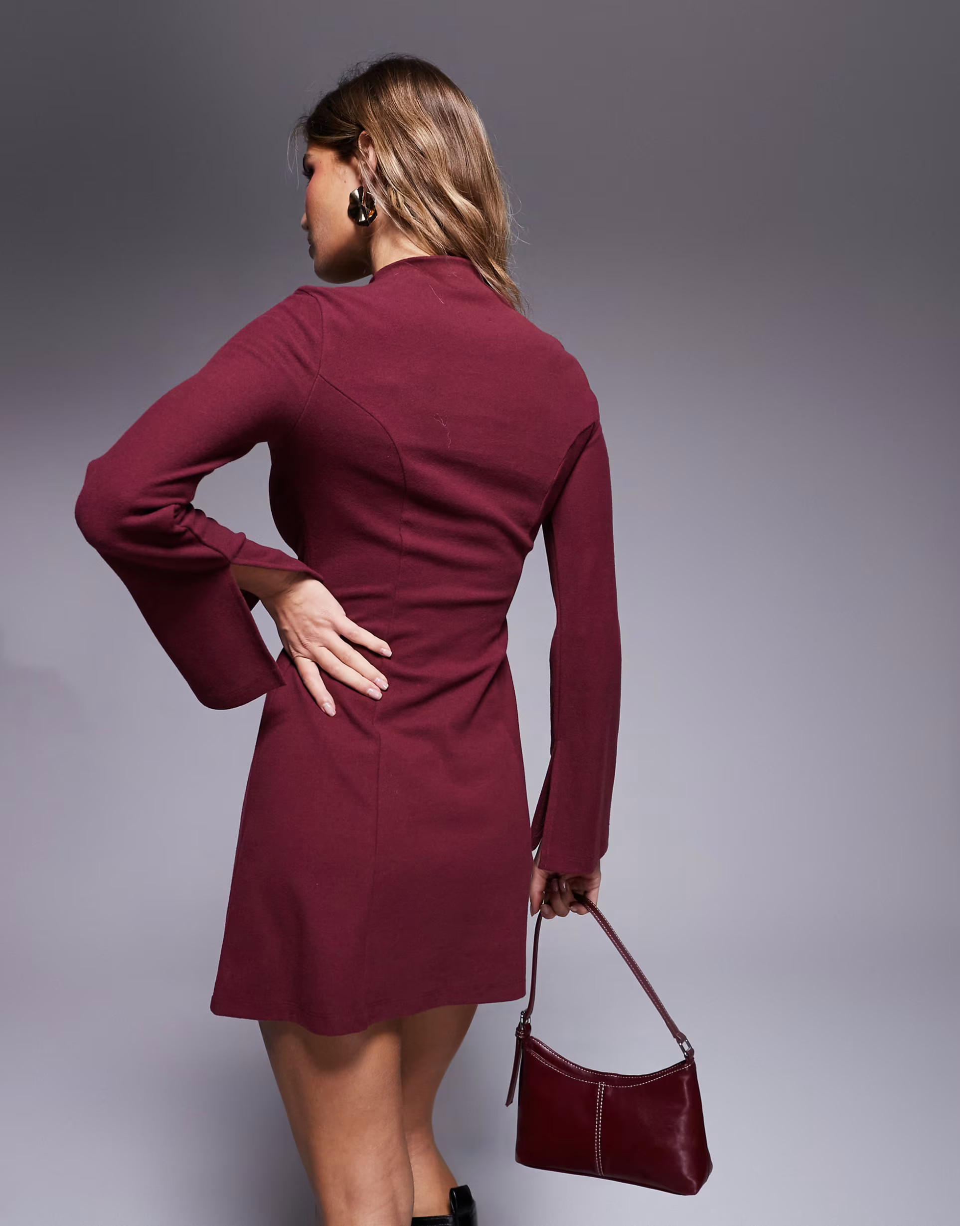 ASOS DESIGN  supersoft grown on neck fit and flare mini dress in burgundy | ASOS (Global)