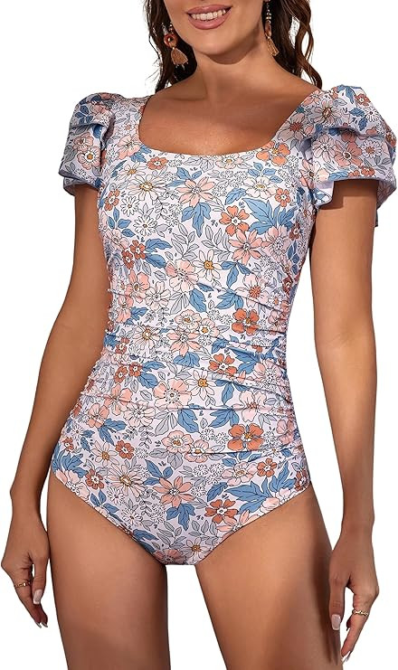 Eomenie Women's Tummy Control One Piece Swimsuit Ruffle Square Neck Bathing Suit Ruched Cutout Ba... | Amazon (US)