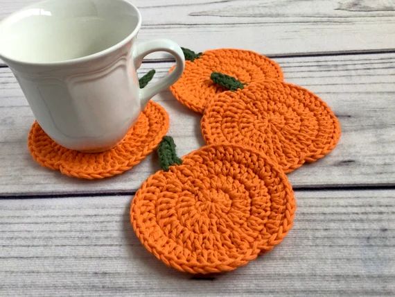 Crochet Pumpkin Coasters Set of Four Fall Farmhouse Decor - Etsy | Etsy (US)